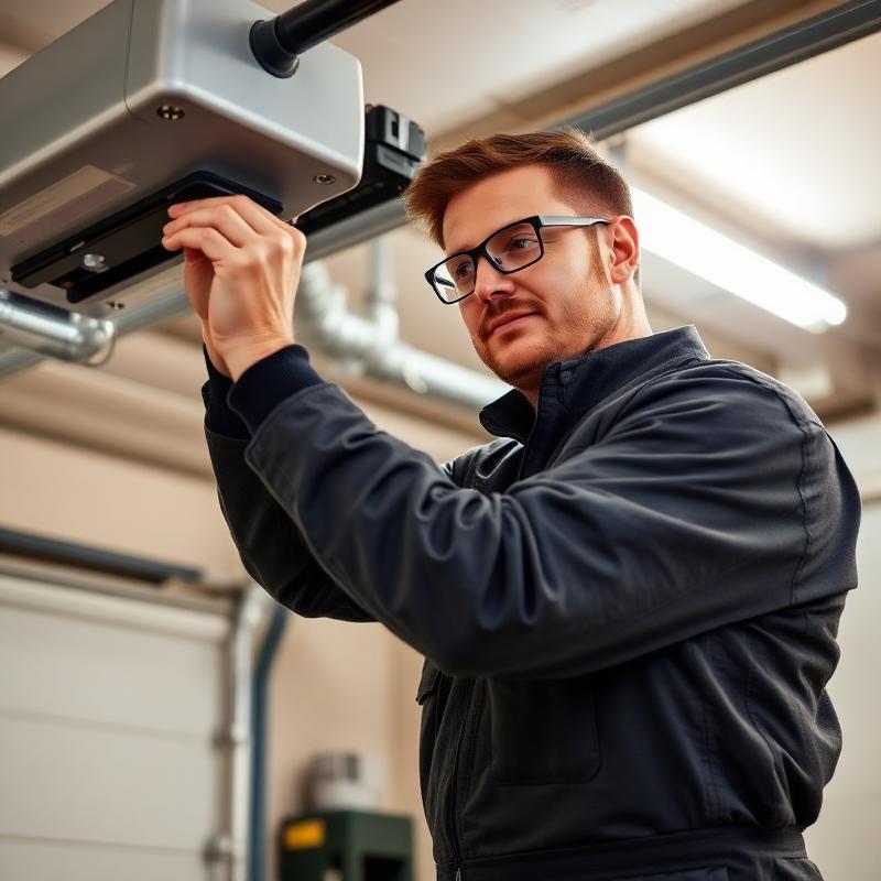 Experienced garage door technician adjusting opener motor