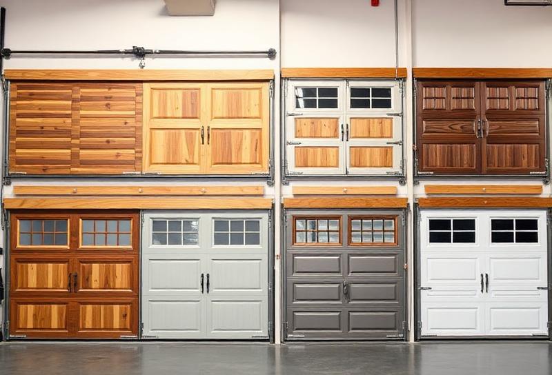Various styles of residential garage doors showcasing different brands and materials