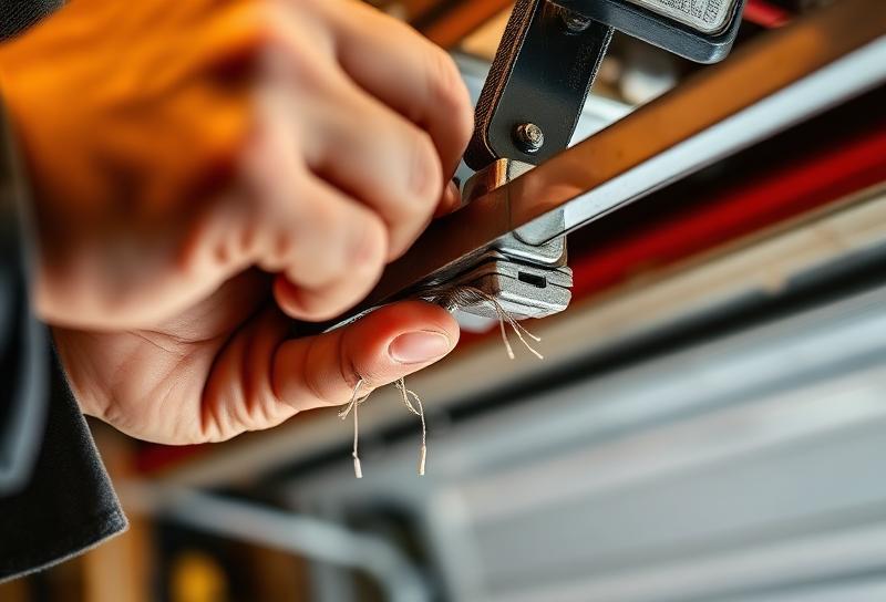 Professional technician inspecting garage door cables during repair service
