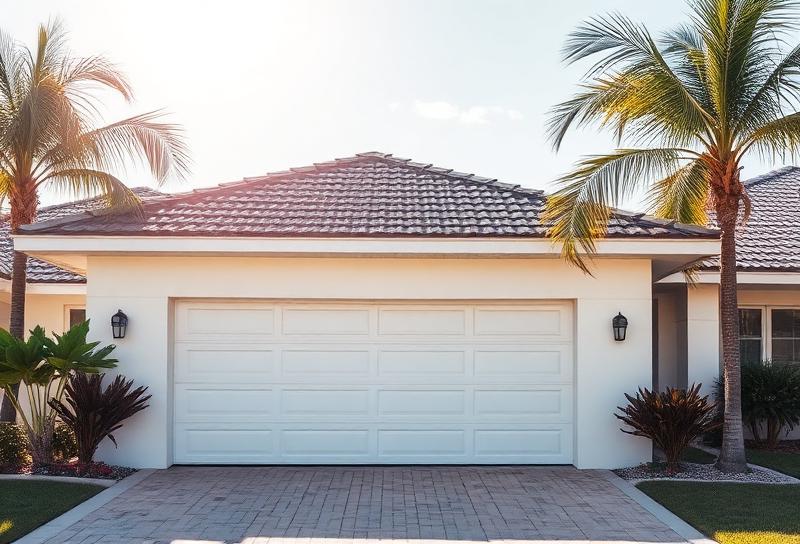 Garage door being serviced in Florida summer heat with technician applying lubricant