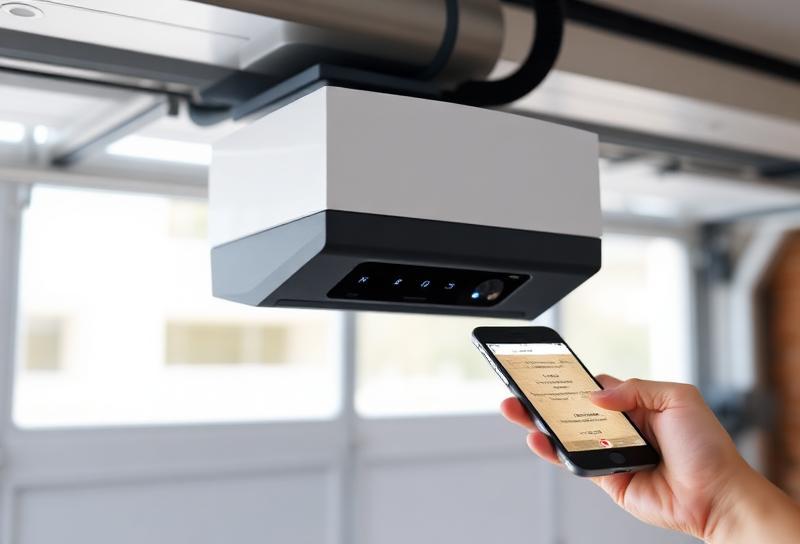 Homeowner using smartphone app to control smart garage door opener