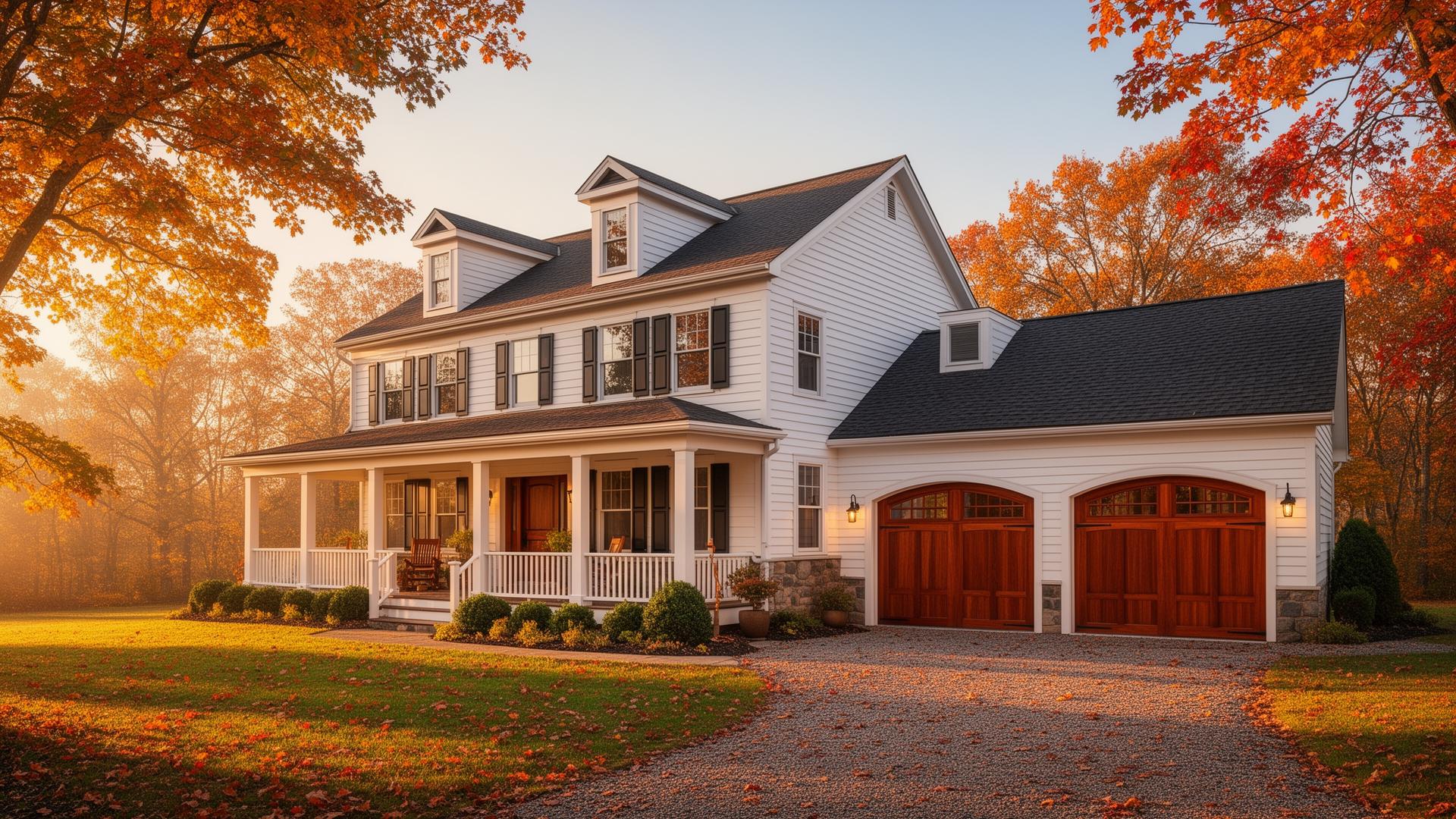 Beautiful farmhouse with elegant mahogany wood garage doors featuring arched windows on a crisp autumn morning