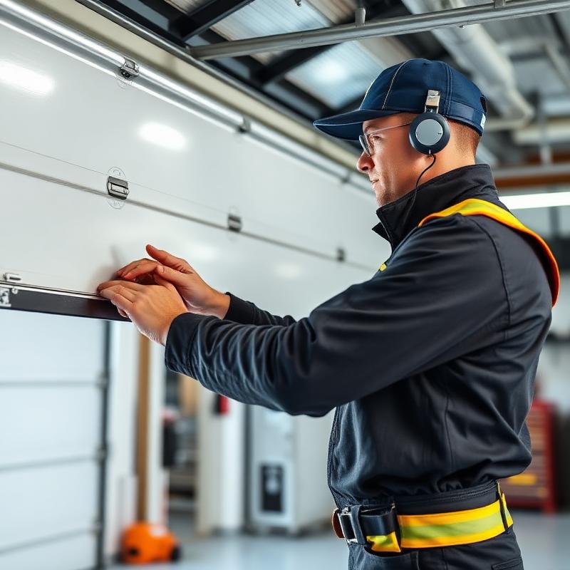 Professional garage door technician performing balance testing on residential door